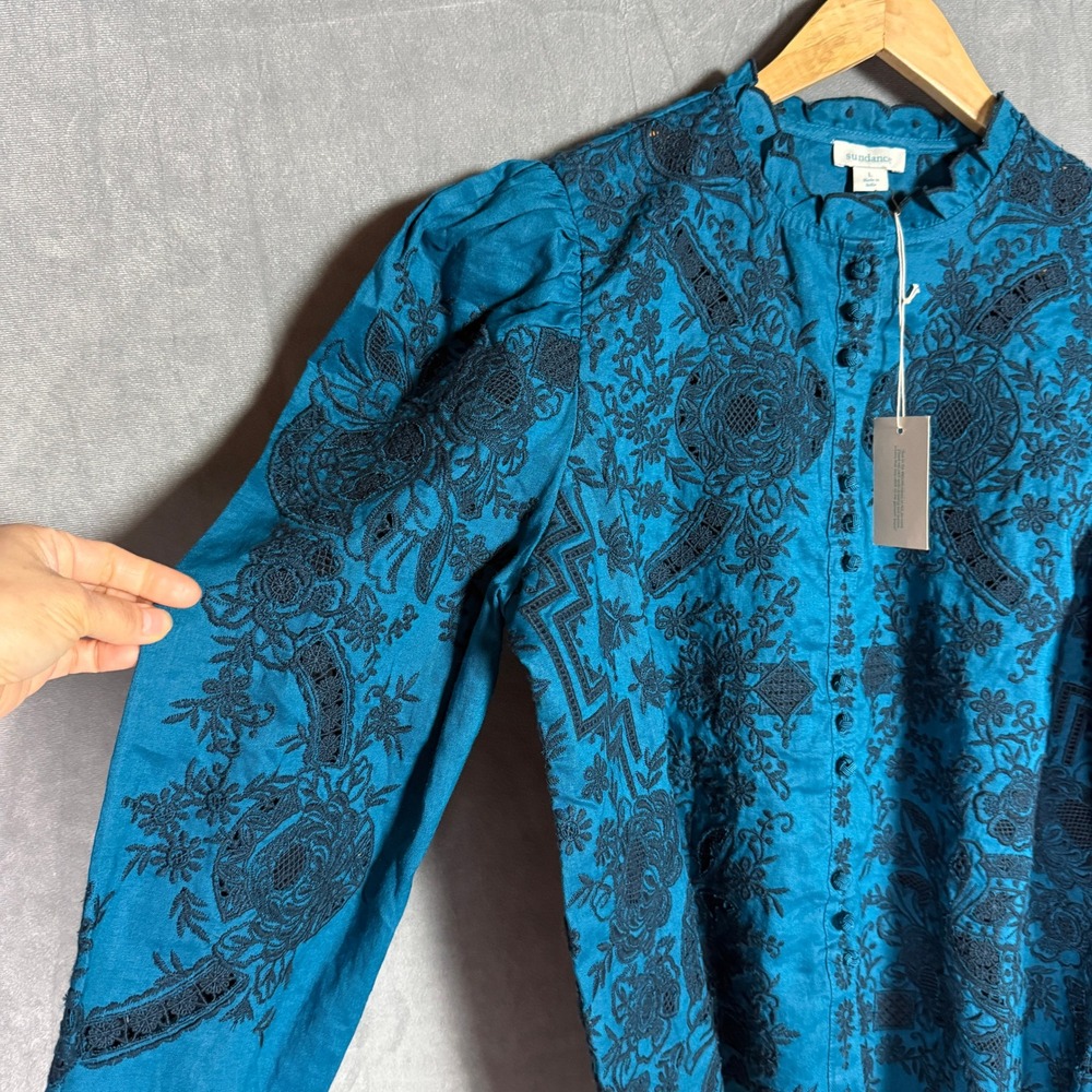 Sundance Top NWT Large Blue Floral Lace Embroidered Eyelet Blouse Whimsygoth - Picture 14 of 16